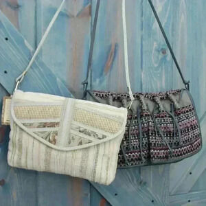Set of 2 1980s Vintage Bohemian Purses Clutch Patchwork Fringe Fibers Crossbody